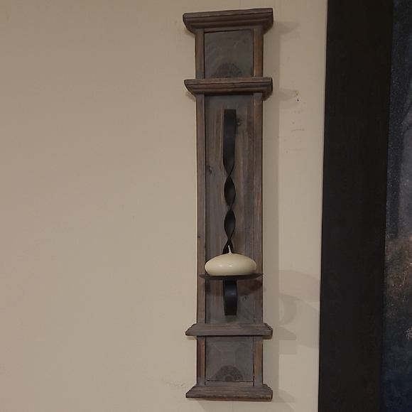 Set Of Two Wood And Metal Candle Holders With Candles - Picture 1 of 3